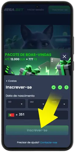 Terceira etapa de registo na Mega.Bet com data de nascimento e botão Inscrever-se