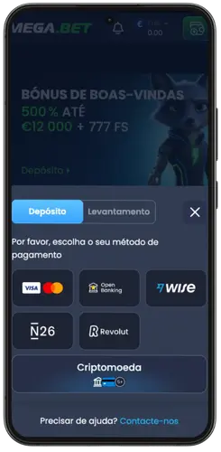 Página de depósito Mega.Bet com vários métodos de pagamento