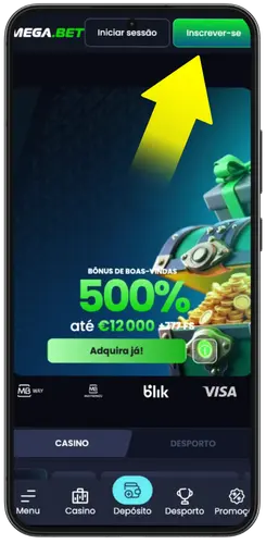 Página inicial Mega.Bet com seta destacando o botão Inscrever-se e bônus de 500%.