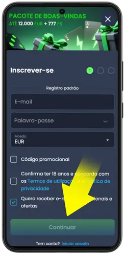 Primeira etapa de registo: e-mail, password e termos